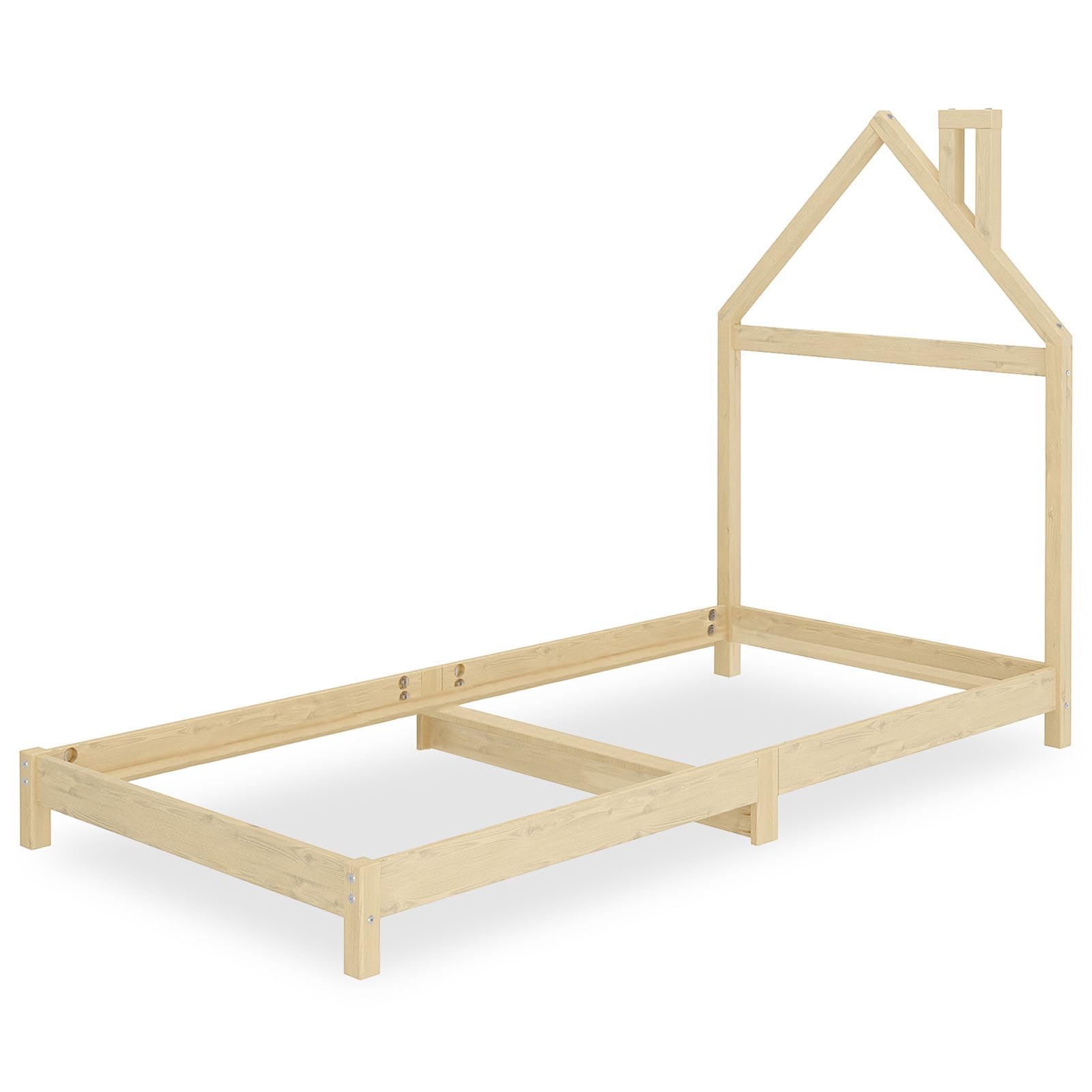 IDIMEX Kinderbett Liz 90x200 cm in Hausoptik aus Massivholz Natur - Bodenbett für einfaches EIN- und Aussteigen, Montessori Kinderzimmer