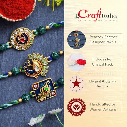 Image of eCraftIndia Set of 3 Pearl Diamond Rudraksha Designer Rakhis for Brother Bhaiya Bhai | Roli Chawal Pack | Raksha Bandhan Rakhi