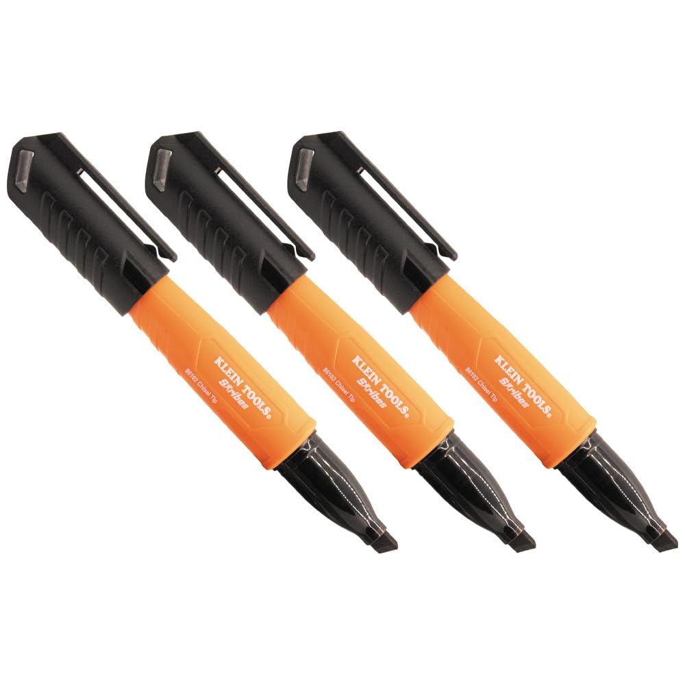 Klein Tools 861023 Skribes Permanent Markers, Chisel Tip, Professional-Grade Ink, Multi-Surface Jobsite Marker for Wet, Dry and Oily Surfaces, Black, 3-Pack