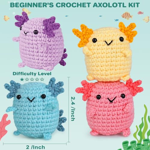 Image of Crochetta Crochet Kit for Beginners, Crochet Starter Kit w Step-by-Step Video Tutorials, Beginner Crochet Kit for Adults Kids Women Men Complete Kit Included (4 Mini Axolotls)