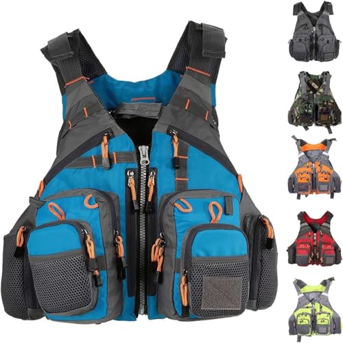 Chaleco de Pesca con Mosca Ajustable Diseño Abierto Transpirable Capa Ripstop con Acolchado Extraíble para Río Arroyo Trucha Kayak Pesca(Sky Blue)