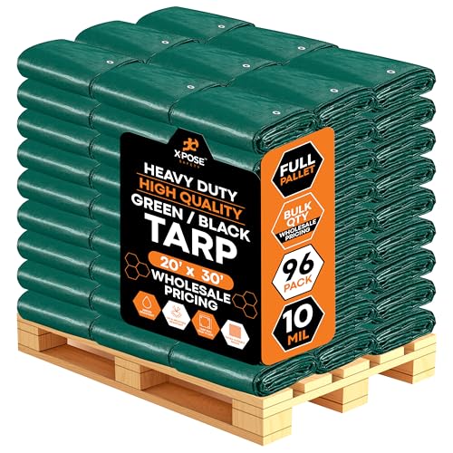 Image of Heavy Duty Poly Tarp 20' x 30' - Bulk Full Pallet (96 Pack) Thick Waterproof, UV Blocking Protective Cover - Reversible Green & Black - 10 Mil Thick Polyethylene - by Xpose Safety
