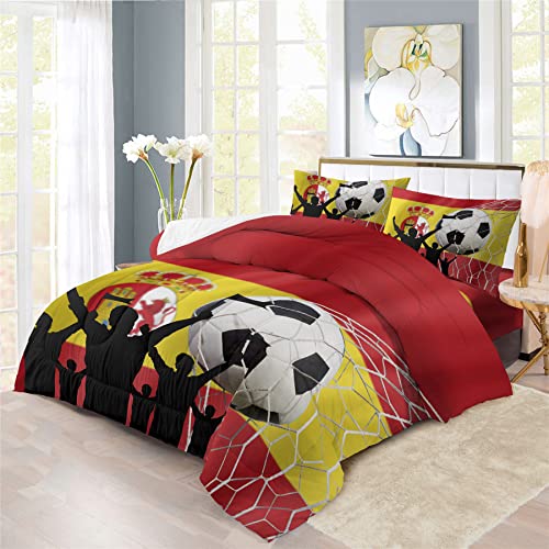 Boasorte Juego de edredón con diseño de fútbol de España, juego de ropa de cama con estampado de la selección nacional de fútbol de España, con edredón suave + 2 fundas de almohada (3 piezas) o sábana