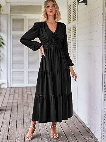 Zaful Women Lantern Sleeve V Neck Maxi Dress Solid Tie Neck Smocked High Waist Tiered Casual Flowy Swing Long Dress (1-Black, L) #TOP2