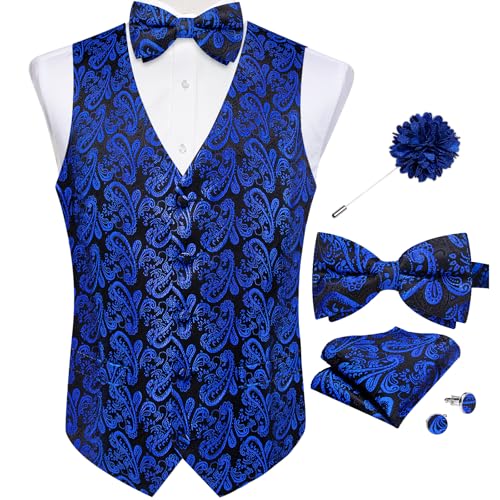 Image of DiBanGu Mens Paisley Suit Waistcoat,Silk Dress Vest and Bowtie Pocket Square Cufflinks with Lapel Pin Set for Wedding Tuxedo