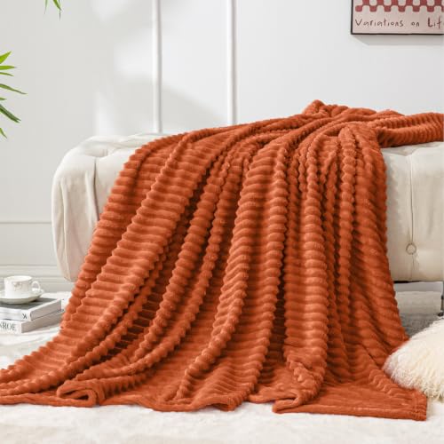 Image of BEDELITE 3D Ribbed Terracotta Fleece Throw Blanket for Couch, 50x60 Inch