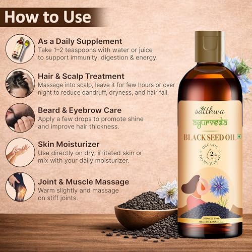Image of Satthwa Organic Black Seed Oil - Edible - Cold-Pressed, 100% Pure Nigella Sativa Oil, High TQ, Nutrient-Rich for Immune, Hair & Skin Support - 200ml