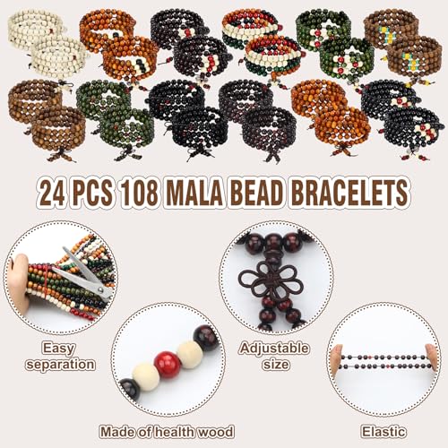 24 Pcs 108 Mala Bead 8mm Meditation Bracelet for Men Tibetan Buddha Link Retractable Wood Beaded Multilayer Sandalwood Wood Bracelets Buddhist Prayer Strand Prayer Gift for Meditation Lovers2