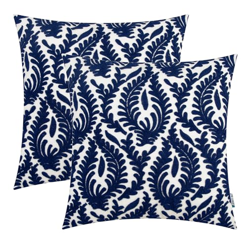 HWY 50 Dekorative Bestickte Baumwoll-Kissenbezüge Kissenhüllen 45 cm x 45 cm, Quadratische Akzent-Kissenbezüge mit Zweigen-Muster für Couch Sofa Bett Wohnzimmer, 2er Set Marineblau