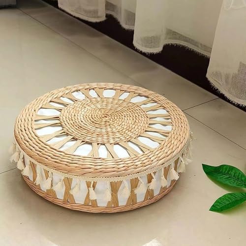Boho Chic Meditation Cushion, Hand-Woven Round Floor Pillow, Portable Sitting Mat for Yoga, Meditation and Home Décor (White)
