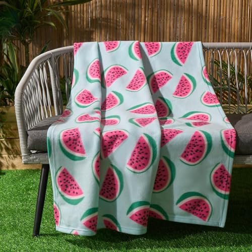 Dreamscene Fleece Blanket Watermelon Print Throw, Soft Cosy Warm Fabric Watermelon Inspired Design Fleece Throw For Bed Sofa Livingroom, Blue/Pink - 120 x 150cm