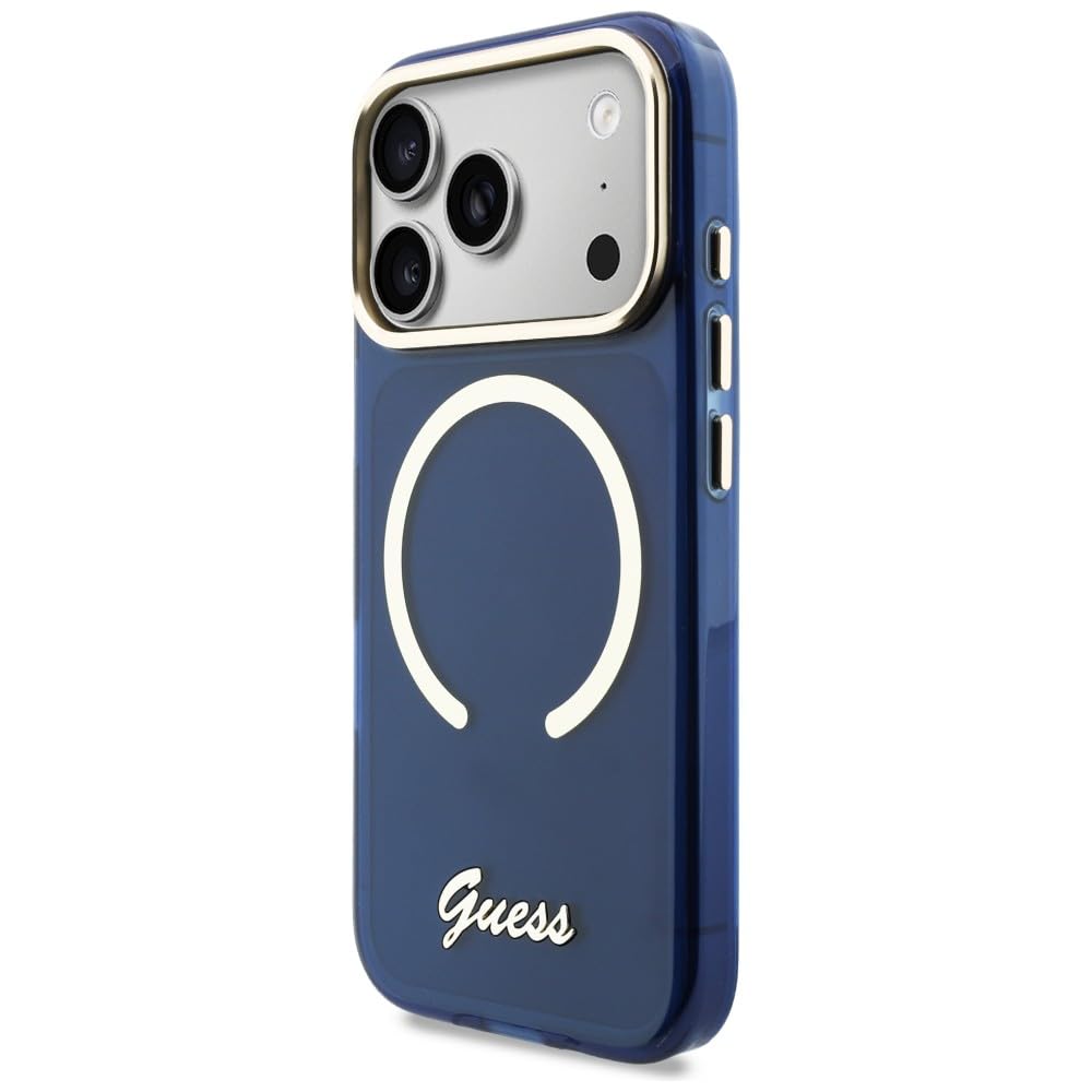 CG MOBILE Guess IML Script Metal Compatible avec MagSafe Coque pour iPhone 17 Pro Max (Bleu)