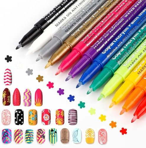 Nail Art Pens Set - 12 Colors Acrylic Paint Markers Nail Polish & Acrylic Paint Pens for Drawing, Dotting, and Lining. Your Complete DIY Manicure Kit for Home Salon Nail Designs.