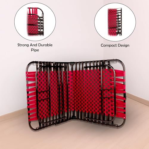 Image of Casa Copenhagen, Portable Single Folding Bed Heavy Duty Metal Cot Khat for Sleeping Bed Space Saving Design Sturdy Synthetic Niwar feet - Red & Charcoal Black
