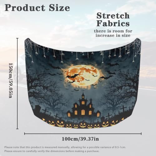 Image of Car Hood Cover Protector Halloween Haunted House Print Waterproof Car Hood Wrap Blanket Auto Flag Automotive Halloween Exterior Accessories for Sedans SUVs Pickups Trucks Jeeps