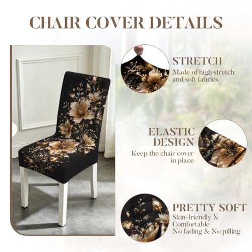 Image of Black Gold Floral Dining Chair Covers Set of 4, Stretch Covers