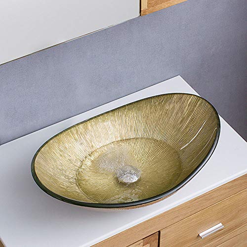 HomeLava Gehärtetes Glas Waschbecken Oval Klein Aufsatzwaschbecken Waschschale Handwaschbecken 42 cm mit Ablaufgarnitur für Gäste WC Bad (ohne Wasserhahn) Cover