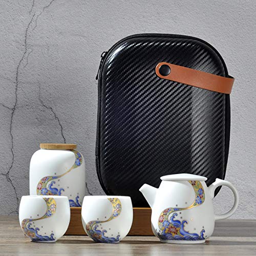 fanquare Portátil Juego de Té con Bolsa de Viaje, Juego de Té de Porcelana con Patrón de Flores y Olas del Mar, 1 Tetera… - Imagen 3