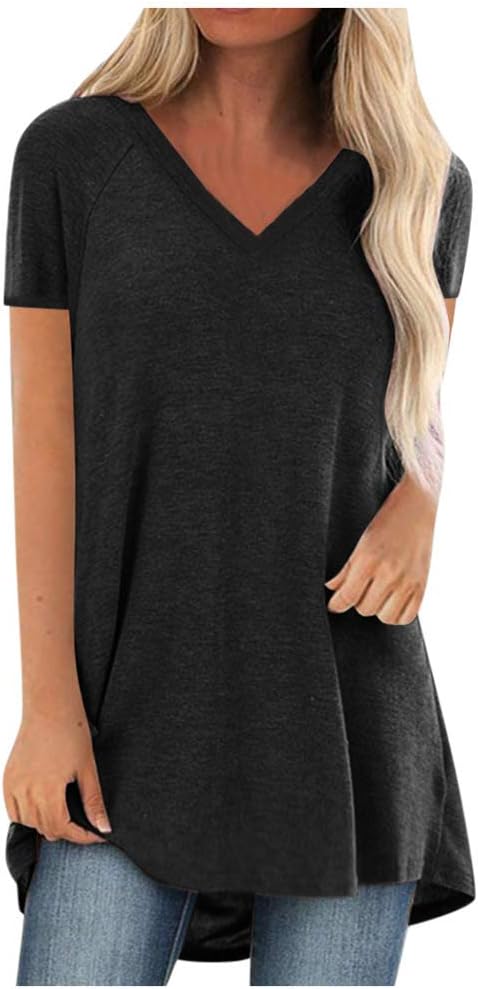 KKG Tops Tunics for Women to Wear with Leggings, Casual Loose Fit V Neck Short/Long Sleeves T Shirt