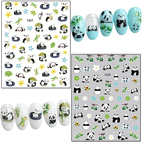 Panda Nail Art Stickers, Cartoon Bear Nail Self-Adhesive Sticker Design, Holographic Cute Bear Flowers Leaf Nail Art Decals Supplies For Women Girls Manicure Animal Decoration Resin Pet Transfer Decal #TOP3