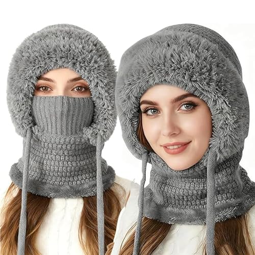 3 in 1 Beanie Hat for Women 3 in 1 Beanie Hat with Scarf and Mask Winter Warm Knitted Ski Scarf and Mask Set (Gray)