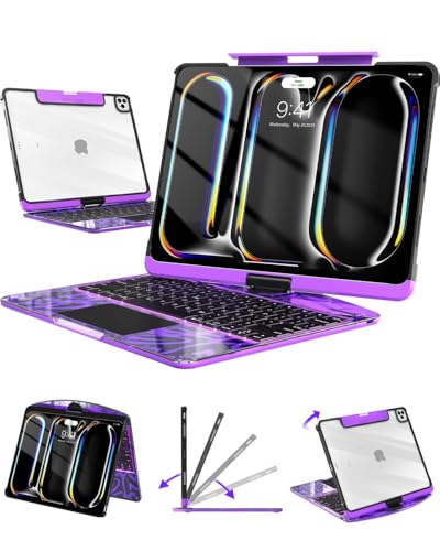 Image of Clear Keyboard Case for iPad Pro 13 inch (M5 /M4, 2025 /2024), Transparent Protective Cover with 7-Color Backlit Keyboard, 360 Rotating Stand, Multi-Touch Trackpad and Pencil Holder, Purple