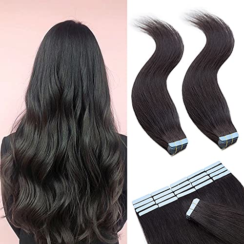 SEGO Tape In Hair Extensions Human Hair Glue In Real Extensions Skin Weft Remy Human Hair Extensions Straight Invisible Seamless Double Side Tape 40 Pieces Natural Black 22inch (100gram)