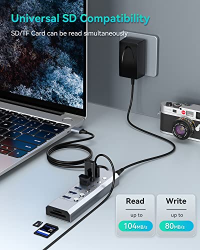 Powered-USB-30-Hub-Elecife-8-Port-Powered-USB-Hub-Aluminum-USB-Splitter-with-6-USB-30-Data-Ports-SDTF-Card-Readers-Individual-OnOff-Power-Switches-and-5V3A-Power-Adapter-for-PC-and-Laptops