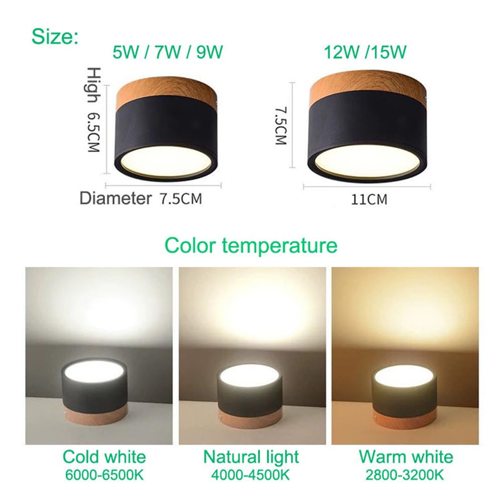 Reflektory sufitowe LED do zabudowy, 5W, 7W, 9W, 12 W, 15 W, wygląd drewna, oświetlenie wewnętrzne, 9W, możliwość ściemniania, naturalna biel, niebieski