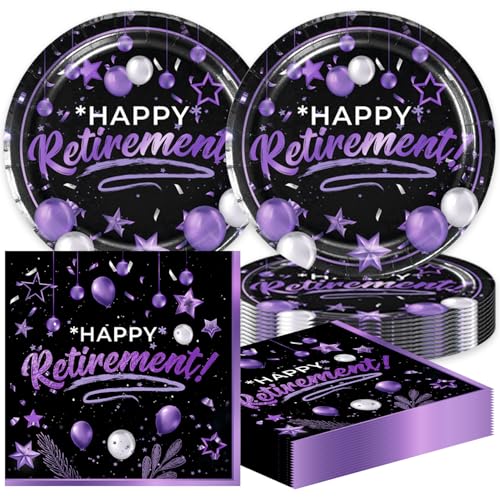 Vaisselle fête de retraite assiettes à dessert et serviettes noires violettes