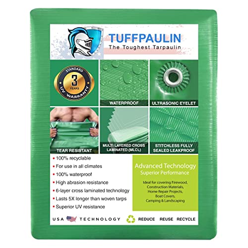 Image of TUFFPAULIN Plastic 9Ft X 9Ft 120 GSM Green Tarpaulin Tirpal Tadpatri Tharpai Thadika,Extra Strong,Reinforced Eyelets,Uv Resistant,100% Waterproof Virgin,6 Layer Mlcl 3D Rib Technology-1 No.