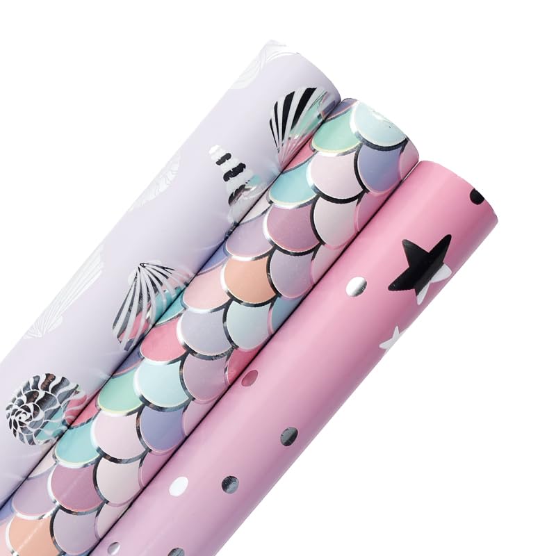Birthday Wrapping Paper Roll, 3 Rolls Gift Wrapping Paper Mini Roll - 17 inch X 120 inch Per roll, 3 Colorful Designs for Birthday, Bridal Baby Shower, Weddings, Graduations,All Occasion (Mermaid)
