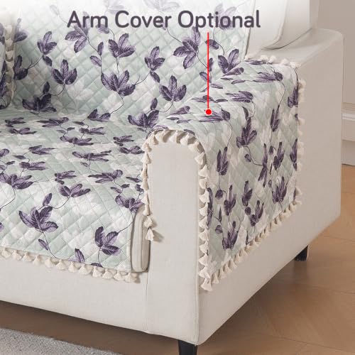 Image of HOKIPO Lavender Vine Quilted Sofa Cover with Tassels 1 Seater for Seat & Back, (152x60 cm), 'Tassel Twigs' Series (IN-989-T1)