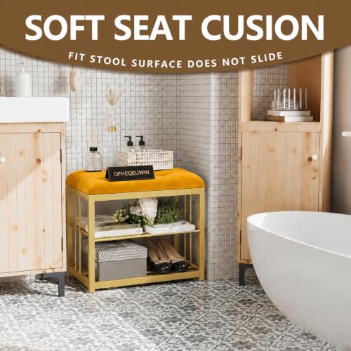 Image of Modern Shoe Rack: Covered Velvet Stool with a Cushioned Seat for Setting Stool, Space-Saving Wrought Iron Shoe Rack The Hallway, Bedroom, and Living Room -Yellow