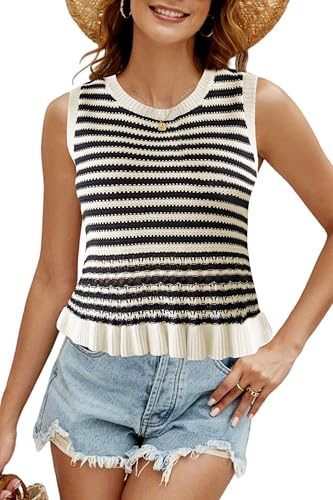 Image of VIMPUNEC Womens Crochet Crop Tank Tops Sleeveless Knit Sweater Vest Ruffle Hem Summer Top