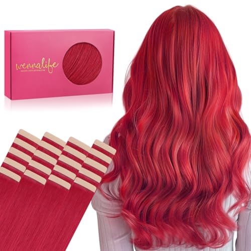 Image of WENNALIFE Tape in Hair Extensions Human Hair, 20pcs 50g 14 inch Red Remy Hair Extensions Straight Human Hair Tape in Extensions Skin Weft Tape Extensions Human Hair