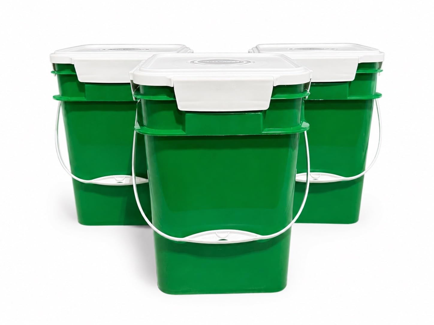 House Naturals 4 Gallon Square Food Grade Bucket Pail with Plastic Handles and Lid (Pack of 3) Made in USA containers (Green - White lids)