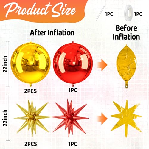 Image of 6pcs 22 Inch Gold Red Star Balloons And 4d Large Foil Balloons, Gold Foil Star Spike Balloon Red 4d Ball Balloon For Graduation Mother'S Day Birthday Baby Shower Party Wedding Anniversary Decorations