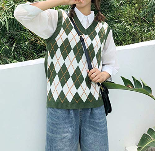 Image of Sweater Vest Women,Sleeveless V Neck Argyle Plaid Long Preppy Loose Knitted Casual School Sweaters Tank Top