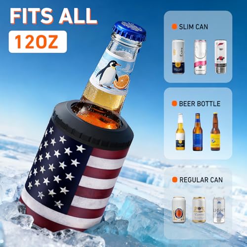Image of 3 in 1 Slim Can Cooler for 12 OZ Skinny Can, Regular Can & Beer Bottle - Keep Cold for 6 Hours - Double Walled Insulated Stainless Steel Vacuum Beverage Insulator (US Flag)