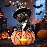 Adorafur Halloween Decorations Indoor Halloween Decor Resin 7.3β Tall Black Cat on Pumpkin Lights with Knife for Home Table Room Gifts