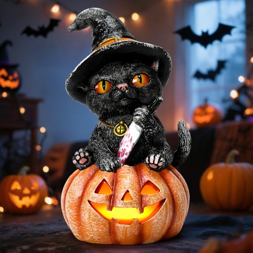 Adorafur Halloween Decorations Indoor Halloween Decor Resin 7.3” Tall Black Cat on Pumpkin Lights with Knife for Home Table Room Gifts