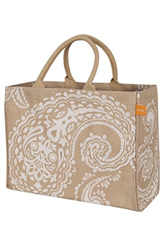 Image of KAF Home Jute Market Tote Bag with White Paisley Print, Durable Handle, Reinforced Bottom and Interior Zipper Pocket, Generous capacity, 12.5 inch tall x 17 inch wide x 7 inch deep