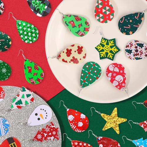 28 Pairs Christmas Leather Earrings for Women Faux Leather Earrings Multipack Christmas Tree Snowflake Glitter Star Teardrop Holiday Earrings4