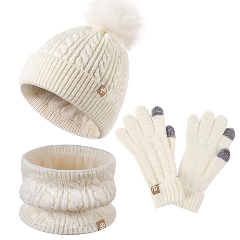 Kids Winter Hat Scarf Gloves Set -Thermal Knitted Beanie Cap Neck Warmer Touchscreen Anti-slip Mitten for Children