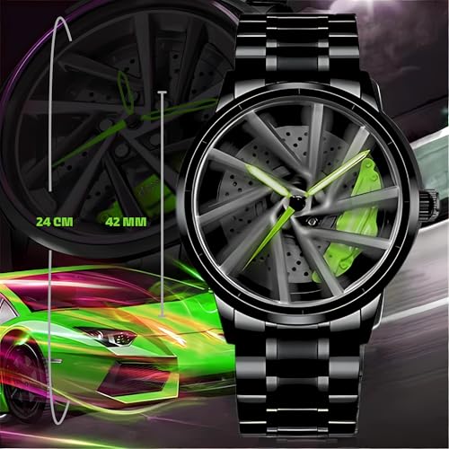 Image of HORAME 42mm Car Alloy Wheel Watch for Men, Gyro Wheel Rolling Watch for Men with Black Steel Chain, 30M Waterproof Round Metal Rim Rotating Watches, Analog RS7 Spinning Car Watches for Boys