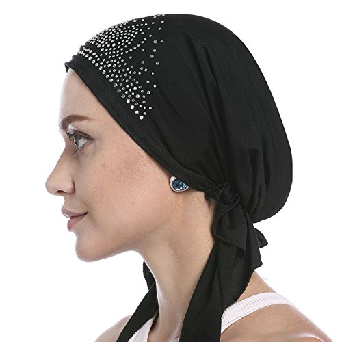 Crystal Chemo Hat Woman's Stretchy Beanie Bandana Turban Cap Skull Cap Head Wrap Headscarf for Cancer,Alopecia Hair Loss Black