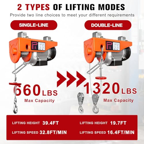 1320 lbs Electric Hoist,110v Electric Hoist Winch with 328 ft Wireless Remote Control, Zinc-Plated Steel Wire,39.4 ft Lifting Garage Lift Hoist,Single/Double Slings Winch for Factories, Warehouses