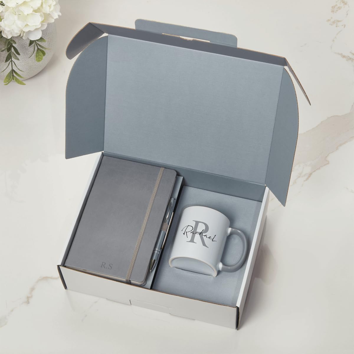 3P DIRECT Personalised Corporate Gift Set Box - Custom Notebook, Pen & Initial Mug Gift Set Graduate Gifts Gifting for Employees Business - Corporate Christmas Xmas Presents for Staff (Grey)