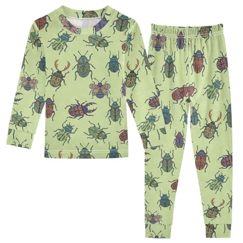 Pajama Sets Long Sleeve Colorful Beetle Green Background Soft Comfy Sleepwear 2 Piece PJS 3-8T
